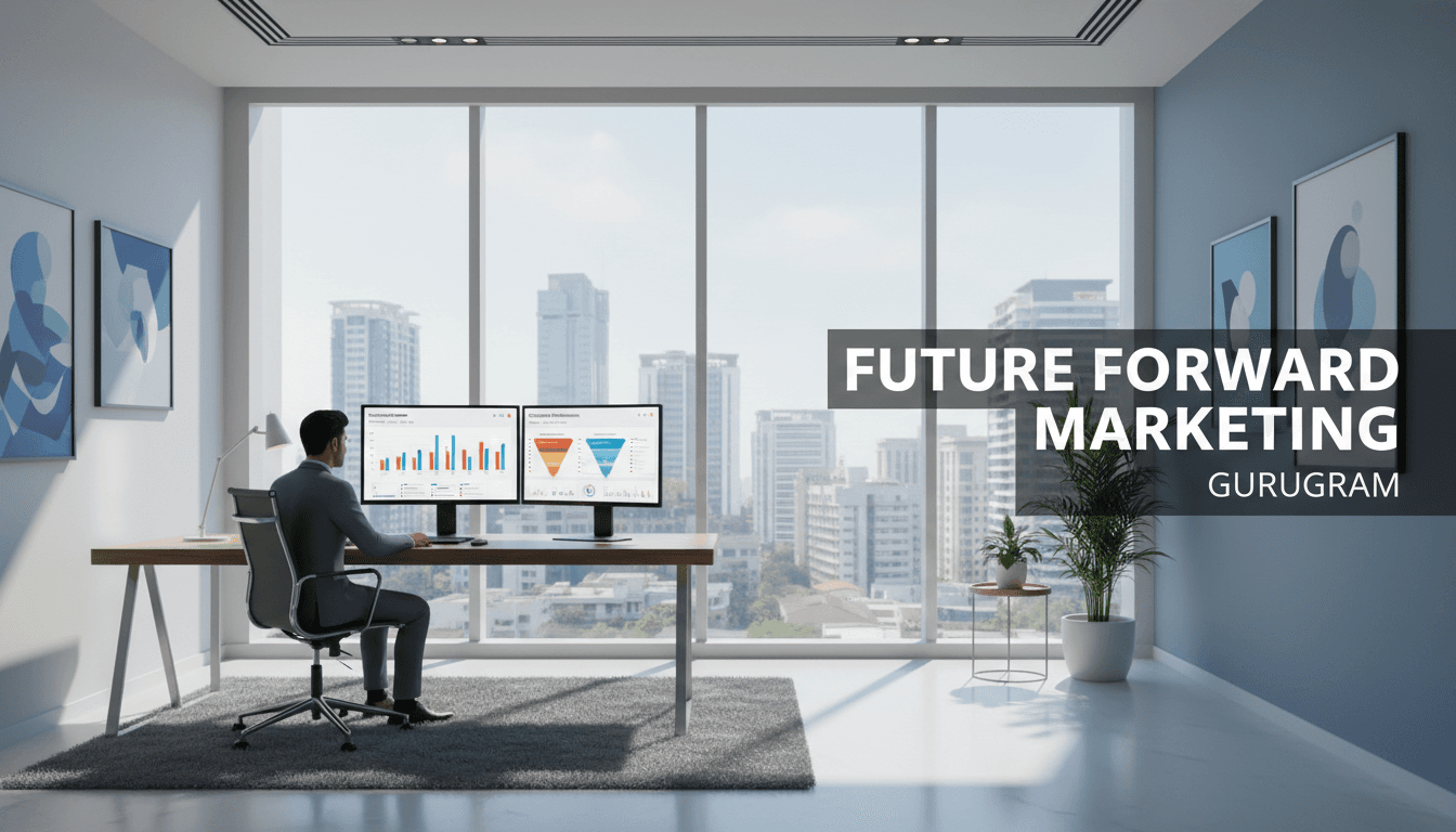Modern digital marketing agency office in Gurugram with analytics on monitors