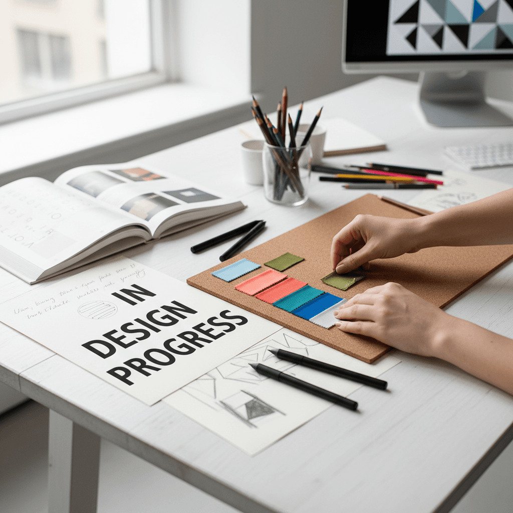 Overhead view of ad creative mockups on a desk