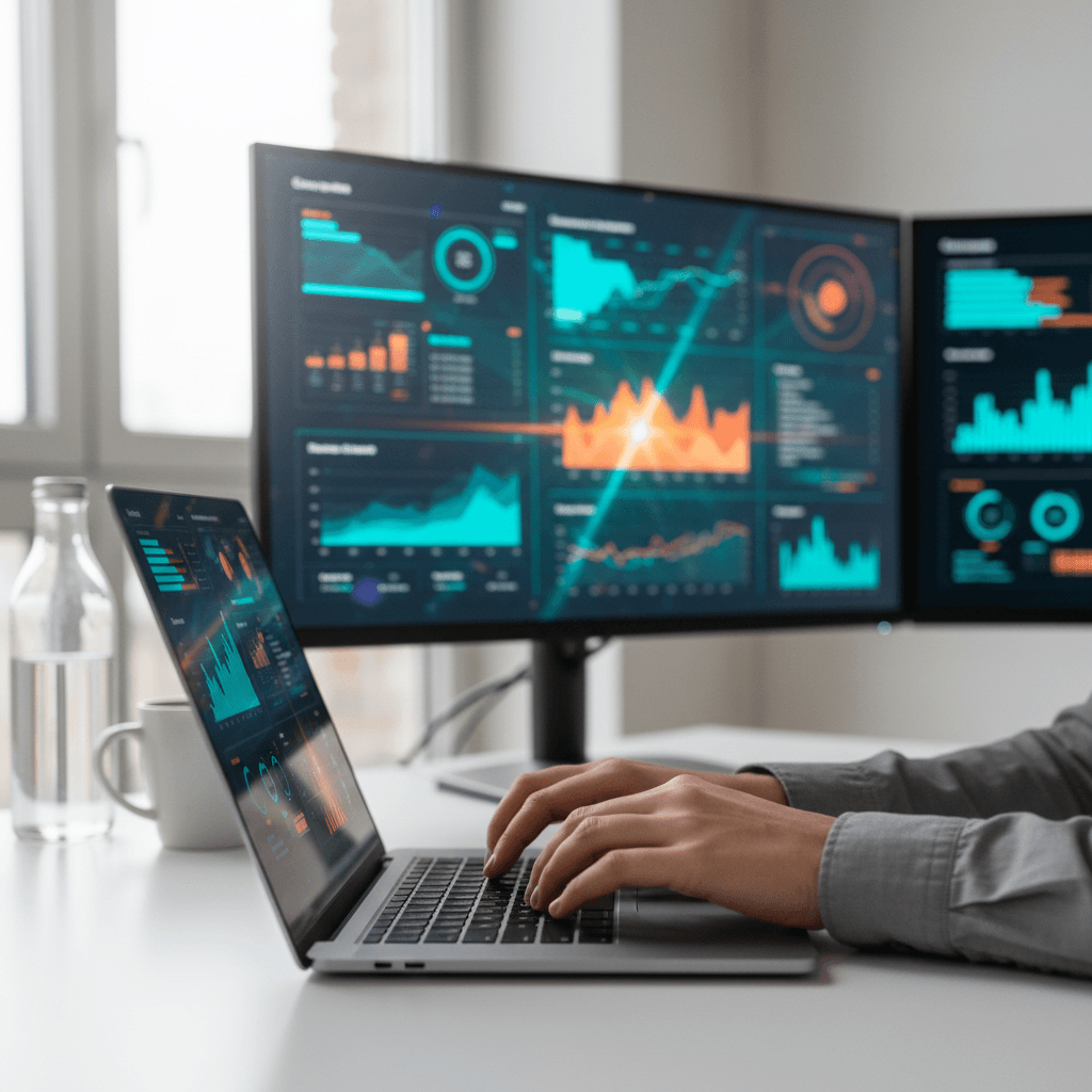 Marketing strategist reviewing campaign data on a laptop at a desk in Gurugram
