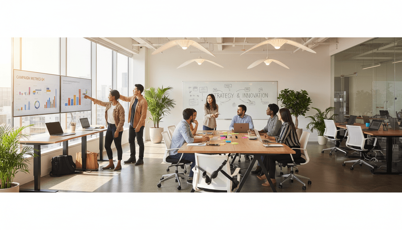Digital marketing team reviewing campaign analytics in a modern office